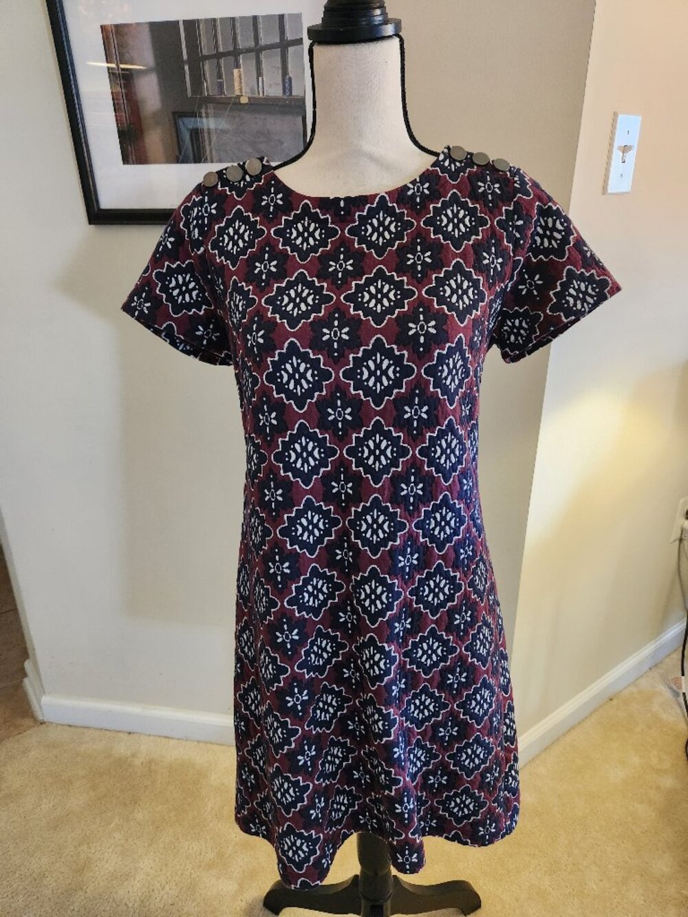 LOFT Burgundy & Navy Print Shift Dress Size 6